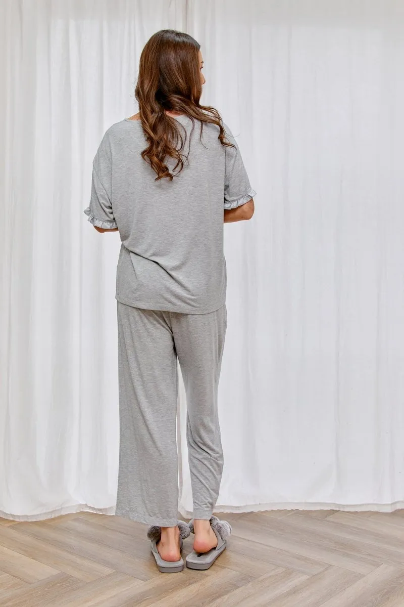 Bamboo Frill Tee Trouser Set in Grey Marl