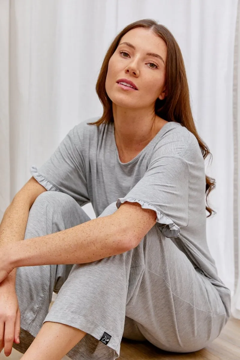 Bamboo Frill Tee Trouser Set in Grey Marl