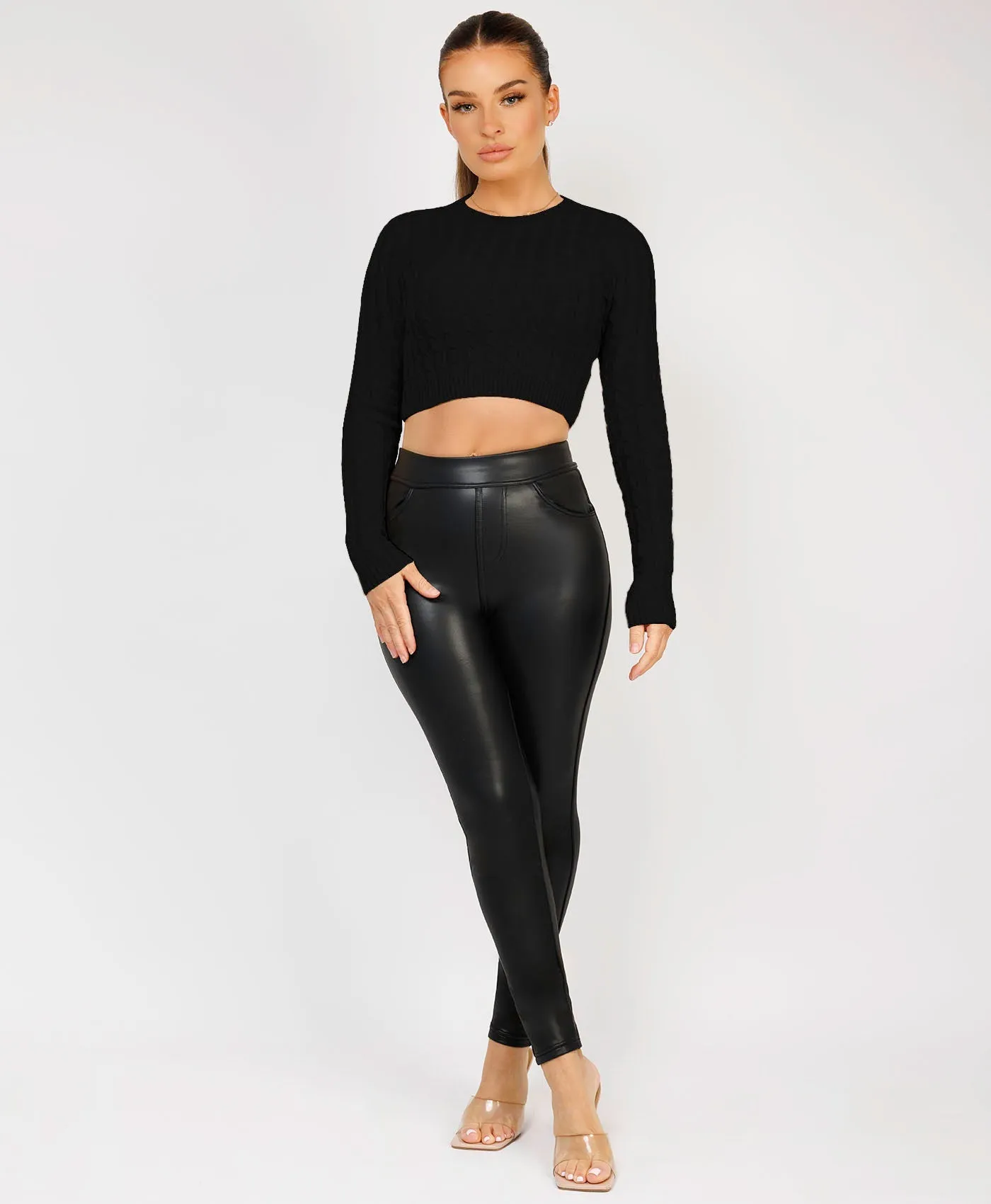 Black Long Sleeve Cropped Cable Knit Sweater