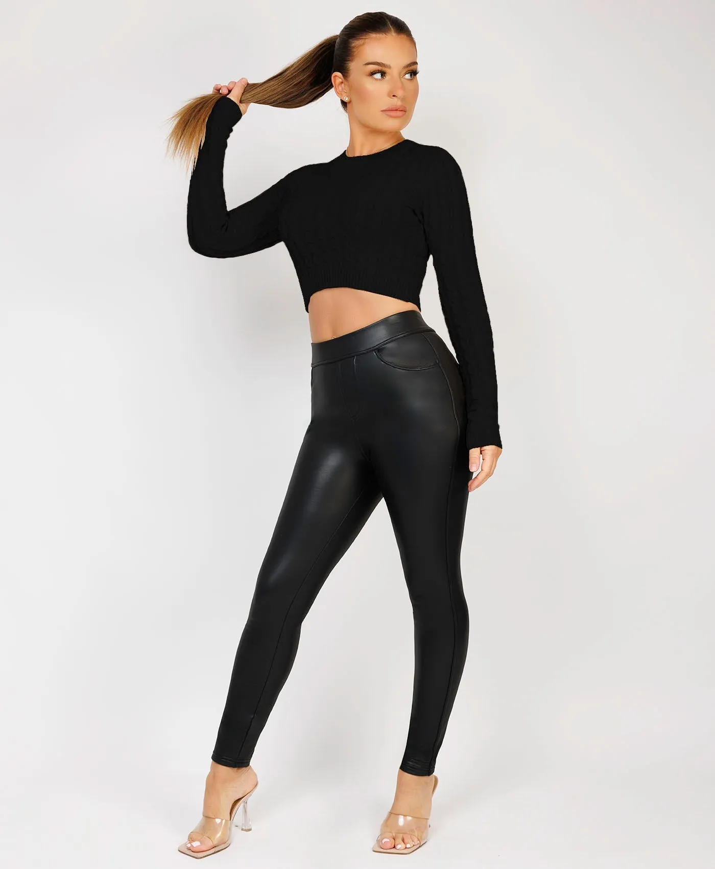 Black Long Sleeve Cropped Cable Knit Sweater