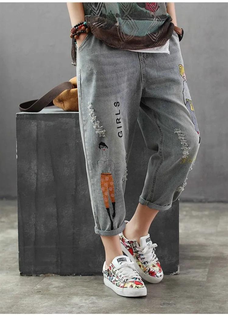 Cartoon Girls Ripped Denim Harem Jeans