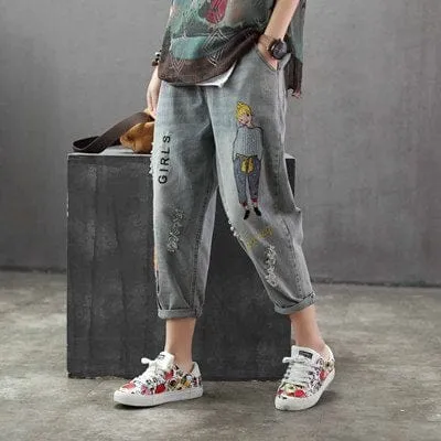 Cartoon Girls Ripped Denim Harem Jeans