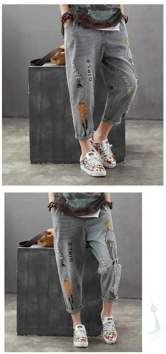 Cartoon Girls Ripped Denim Harem Jeans