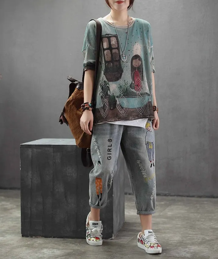Cartoon Girls Ripped Denim Harem Jeans