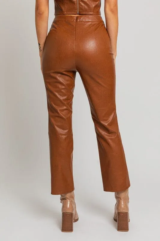 Classic Straight Leg Faux Leather Pants - Brown
