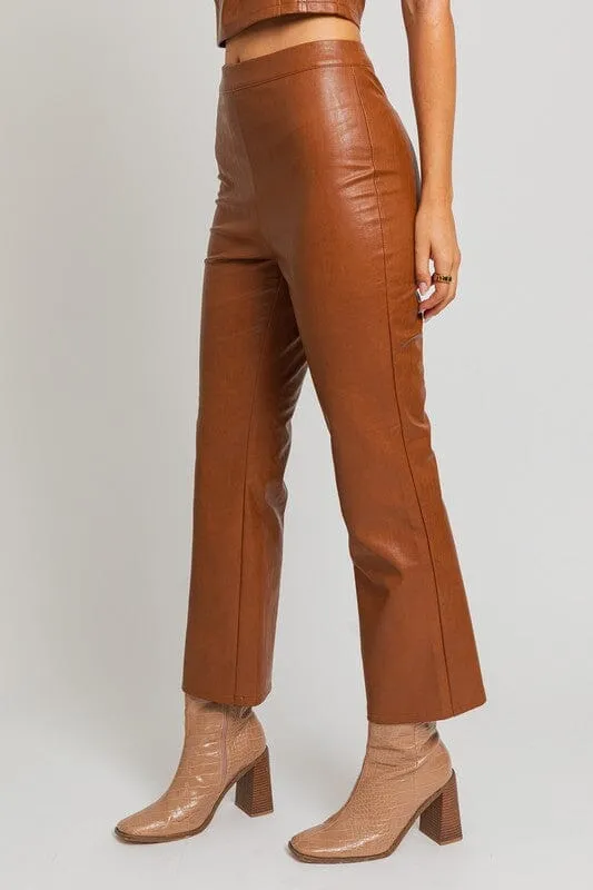 Classic Straight Leg Faux Leather Pants - Brown