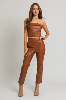 Classic Straight Leg Faux Leather Pants - Brown
