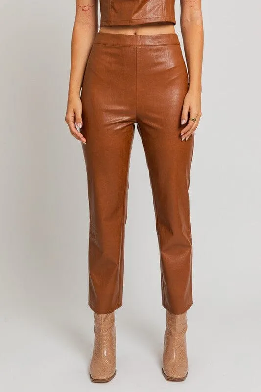 Classic Straight Leg Faux Leather Pants - Brown