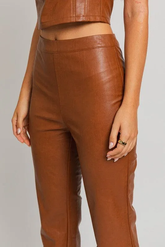 Classic Straight Leg Faux Leather Pants - Brown