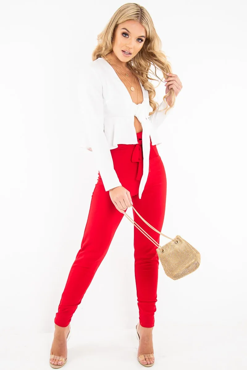 Cream Tie Front Plunge Crop Blouse - Linzy