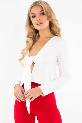 Cream Tie Front Plunge Crop Blouse - Linzy
