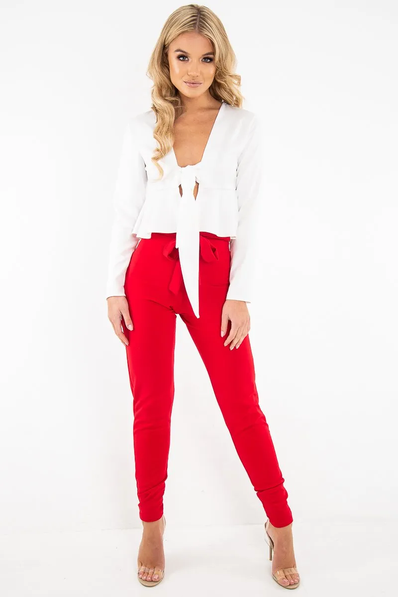Cream Tie Front Plunge Crop Blouse - Linzy