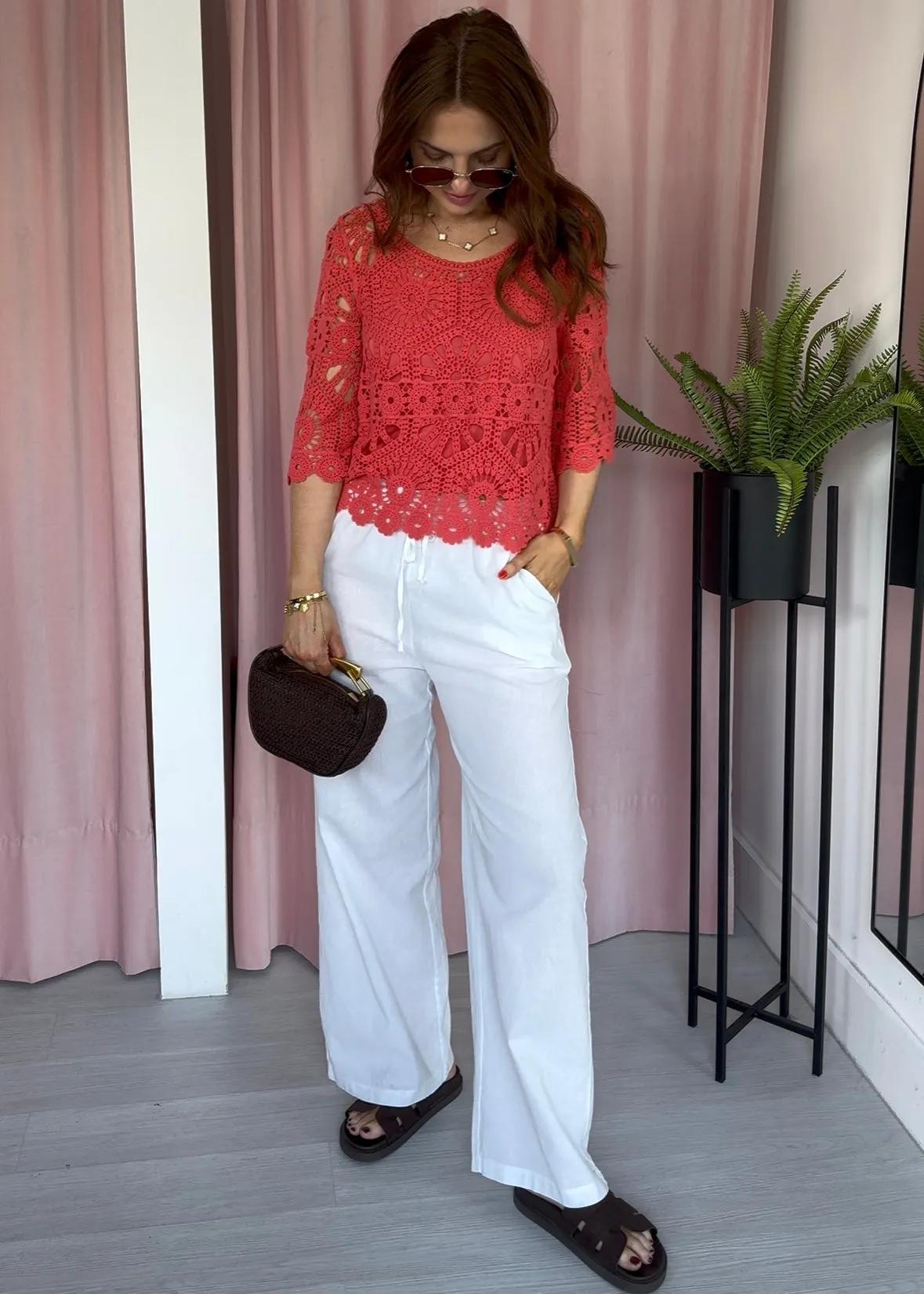 Crochet Top & Vest Set - Coral