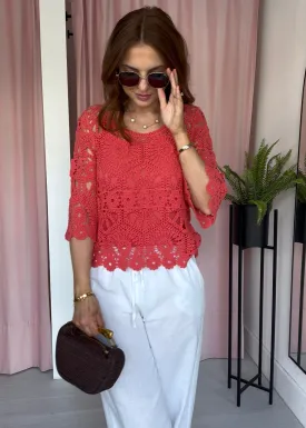 Crochet Top & Vest Set - Coral