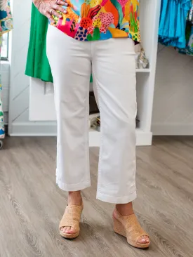 Cropped Pull-On Twill Pants w/ Hem Tab White by Charlie B