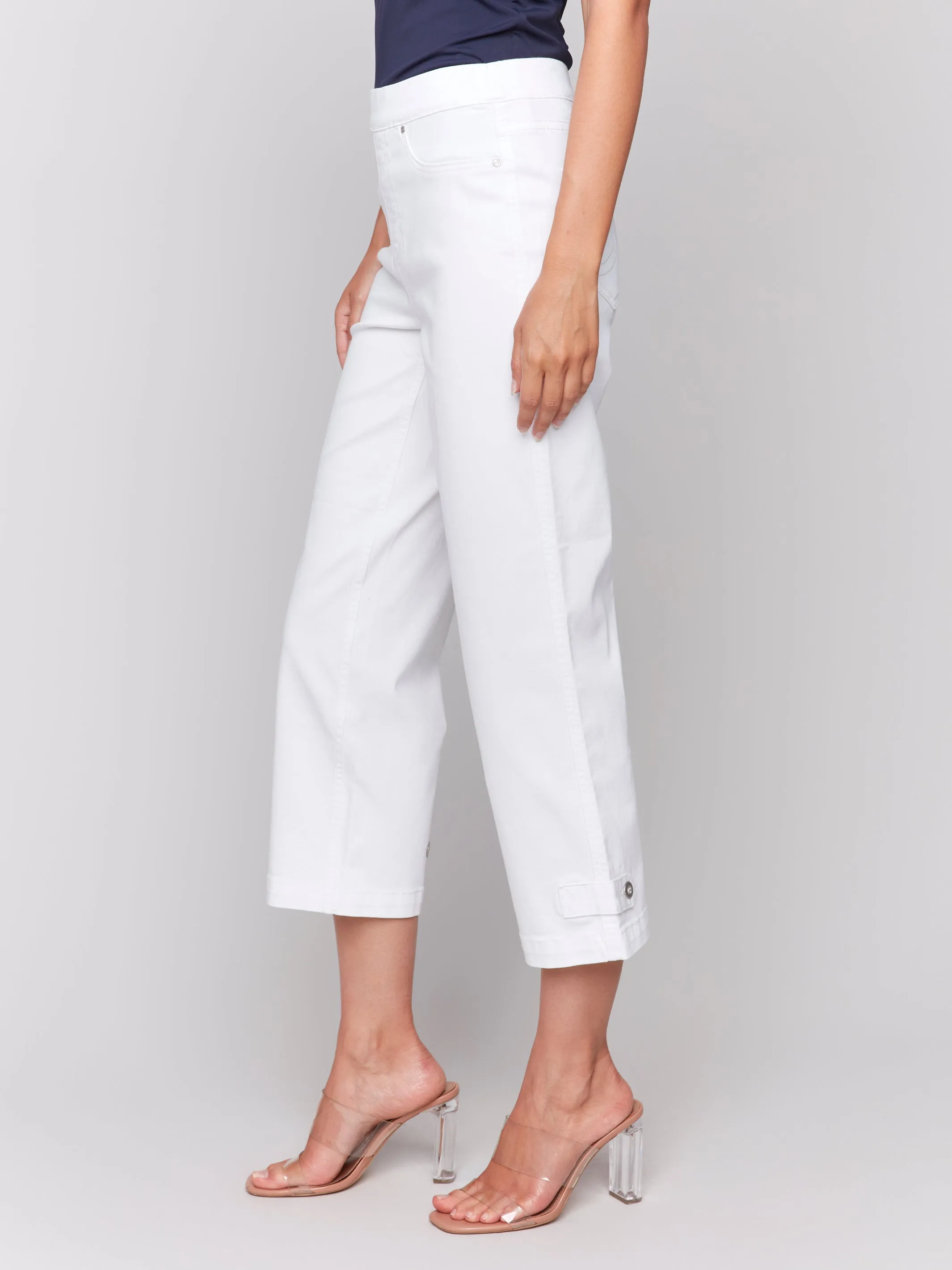 Cropped Pull-On Twill Pants w/ Hem Tab White by Charlie B
