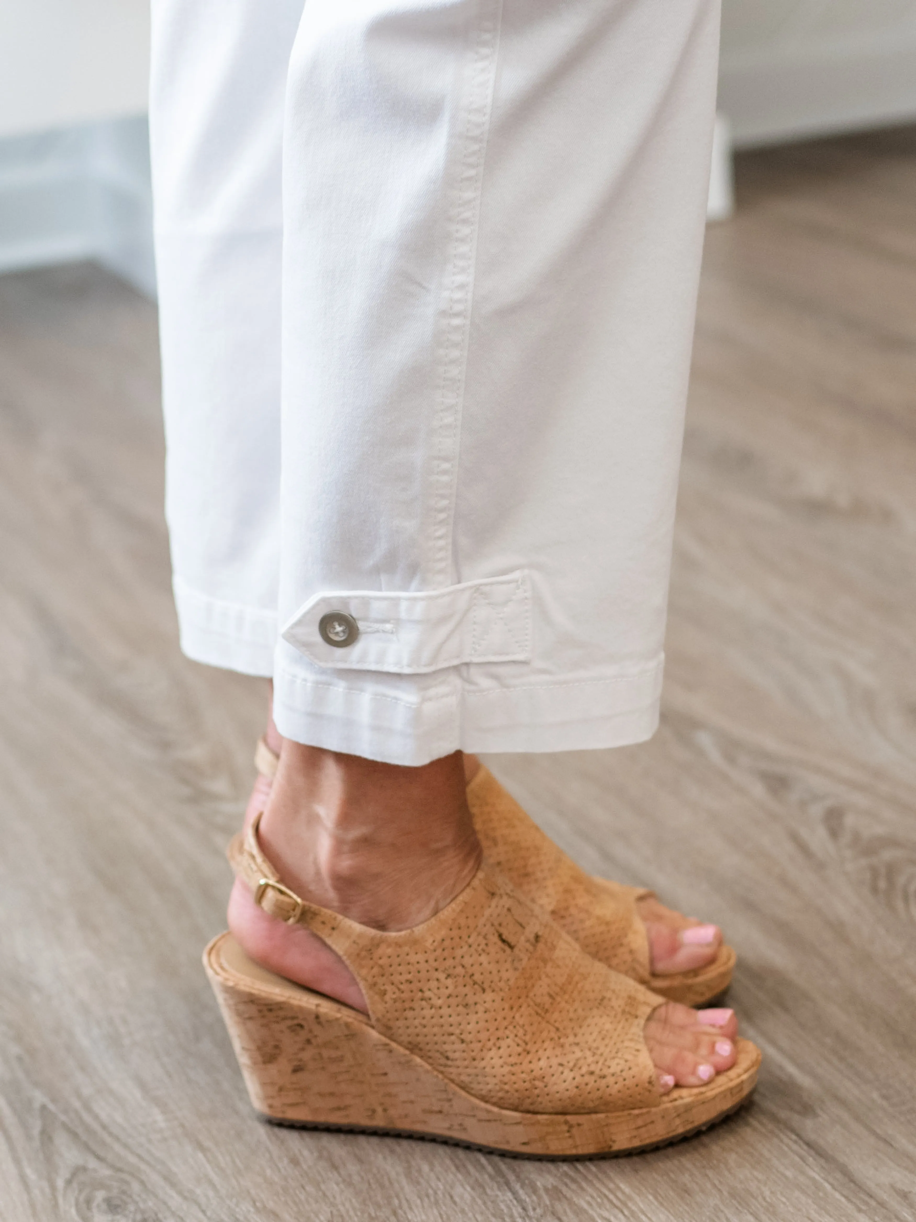 Cropped Pull-On Twill Pants w/ Hem Tab White by Charlie B