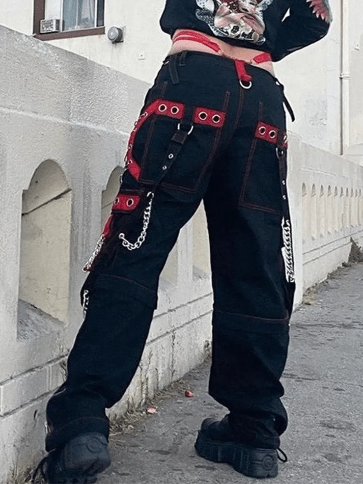 Joskaa Chain Embellished Strap Straight Leg Pants