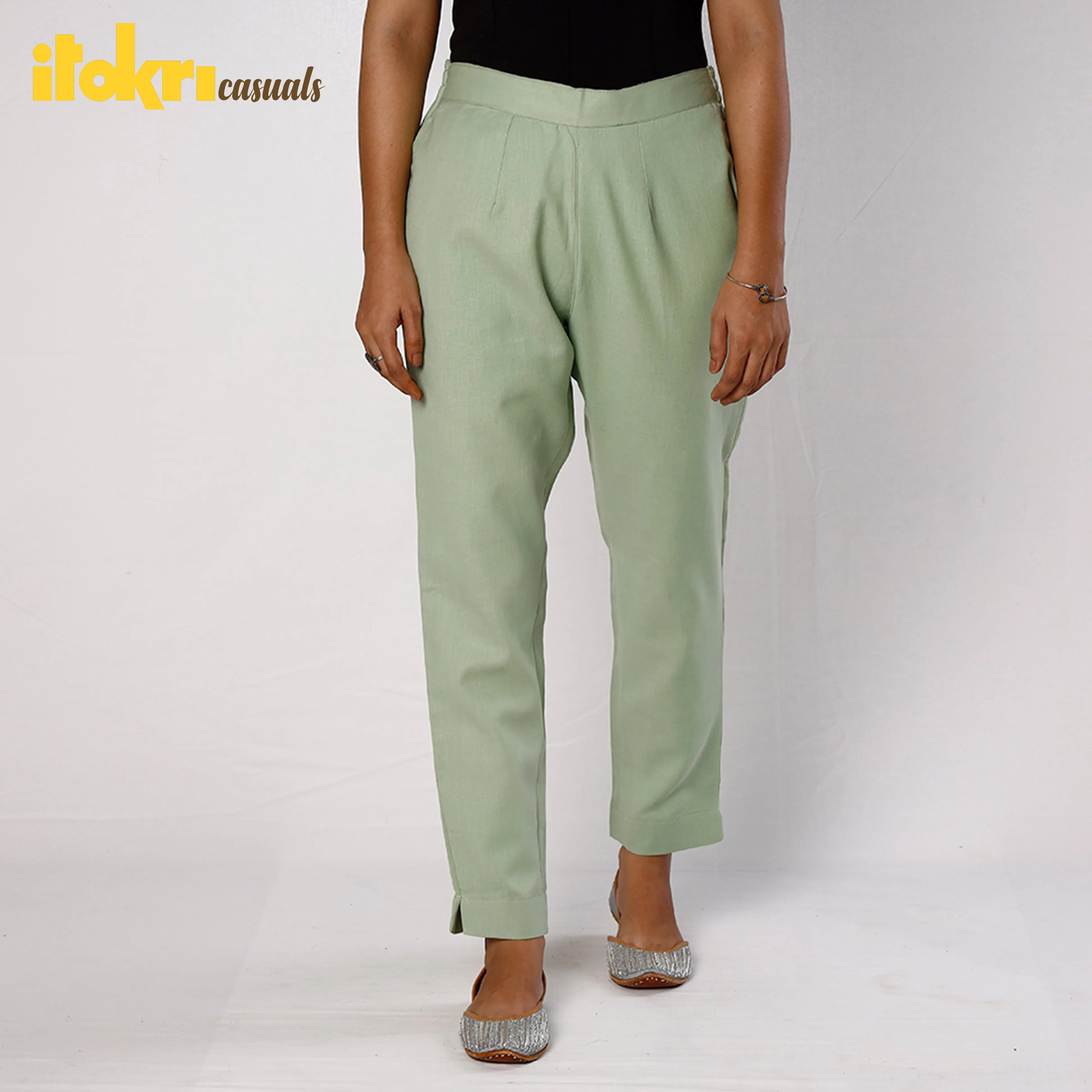 Light Green Flex Cotton Tapered Casual Pant for Women