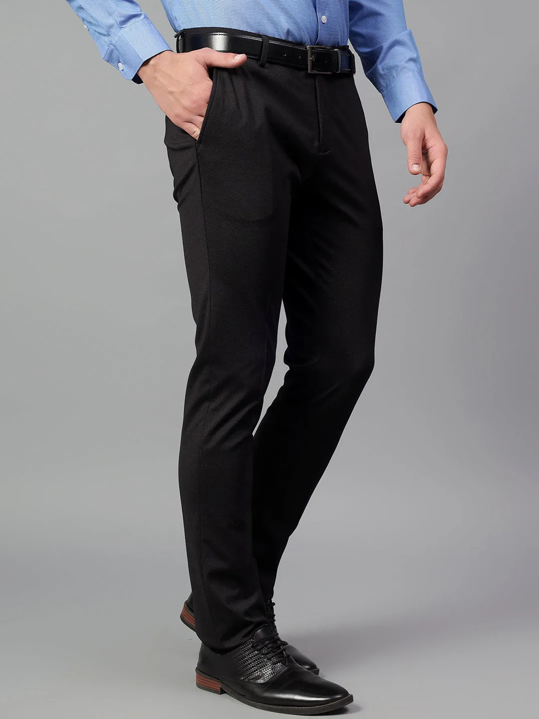 Men's Black Self Design Non-Pleated Formal Trouser