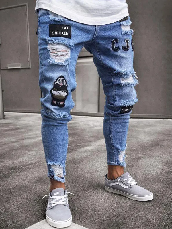 Men's Embroidered Distressed Jeans