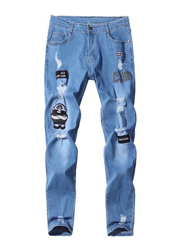Men's Embroidered Distressed Jeans