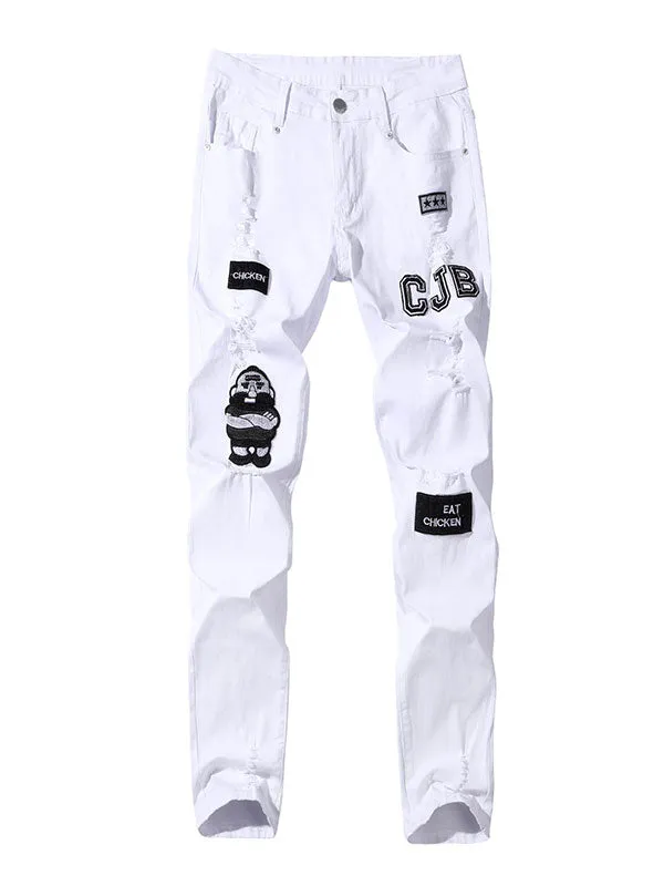 Men's Embroidered Distressed Jeans