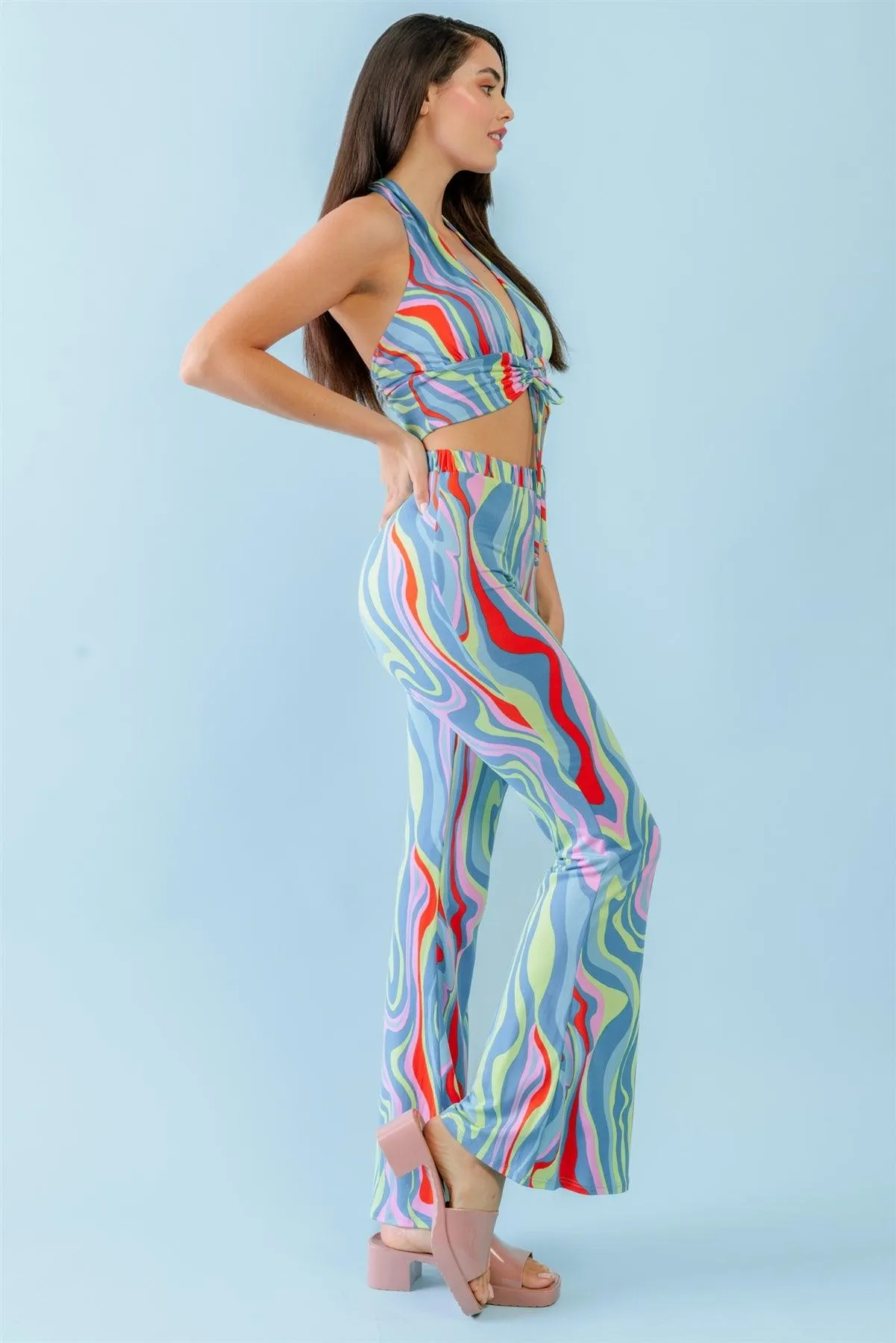 Multicolor Abstract Print Halter V-Neck Ruched Open Back Crop Top & High Waist Pants Set /3-2-1