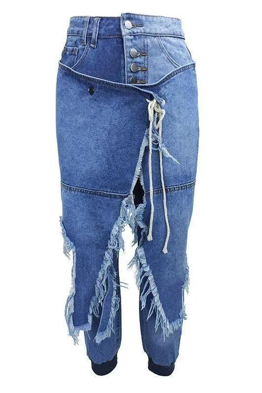 Ripped Lace-up Threaded Jeans
