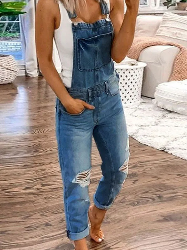 Washed Ripped Denim Overall