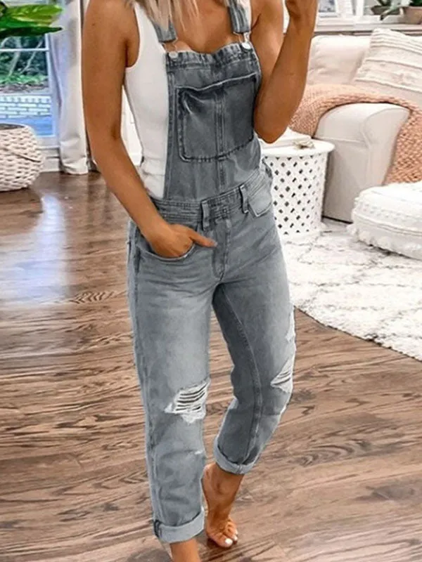 Washed Ripped Denim Overall