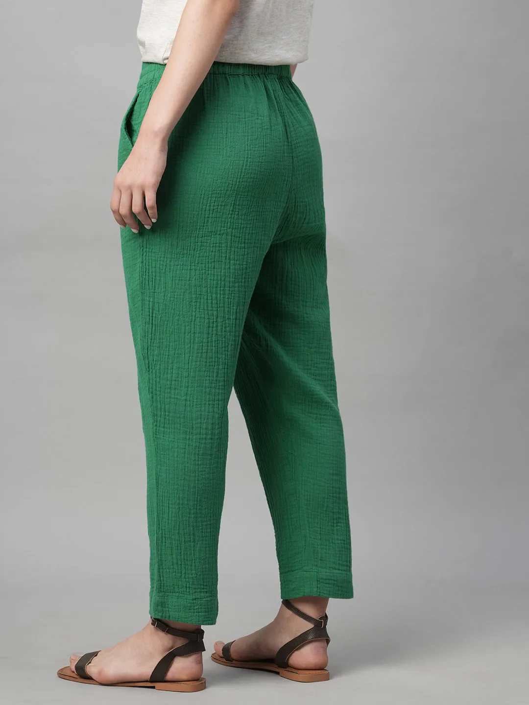 Women's Green Cotton Regular Fit Pant