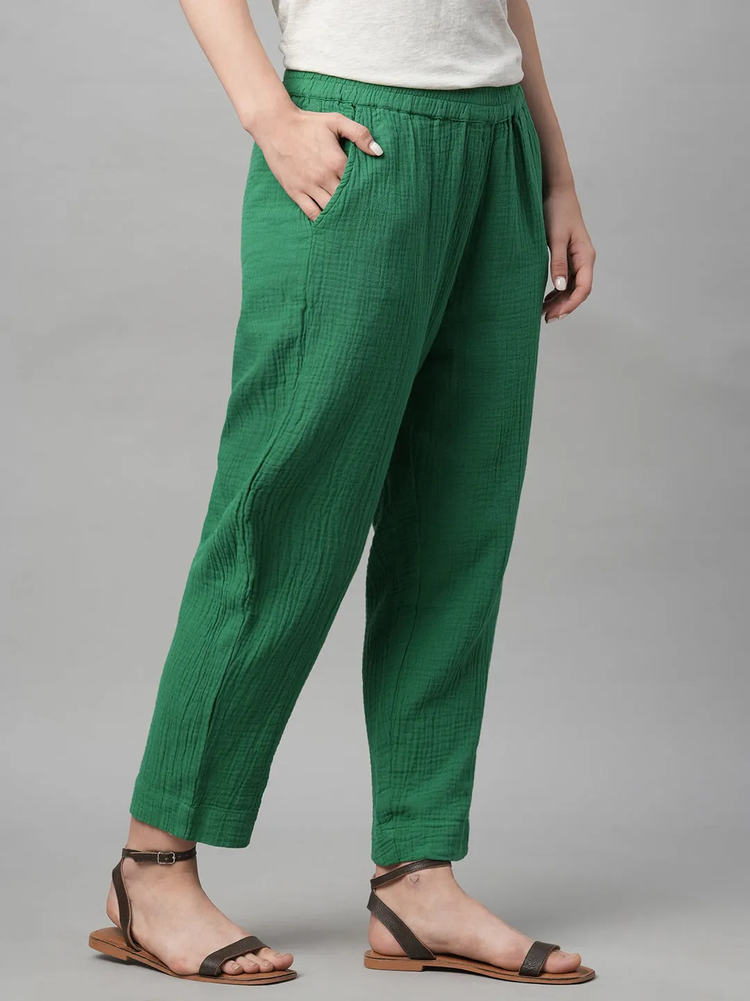 Women's Green Cotton Regular Fit Pant