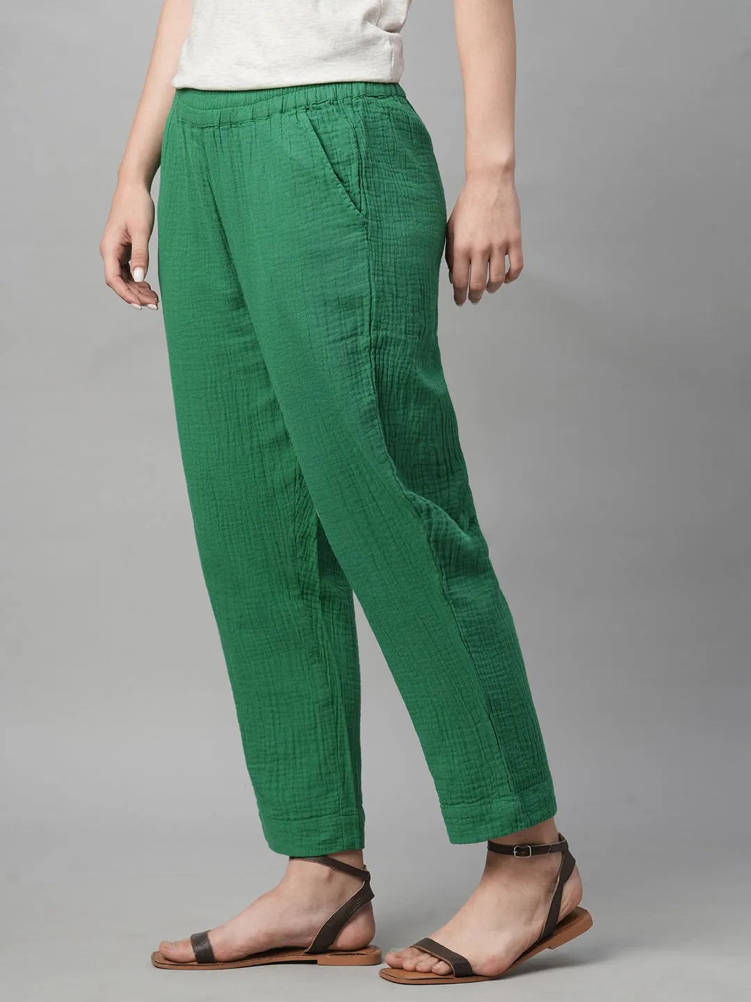Women's Green Cotton Regular Fit Pant